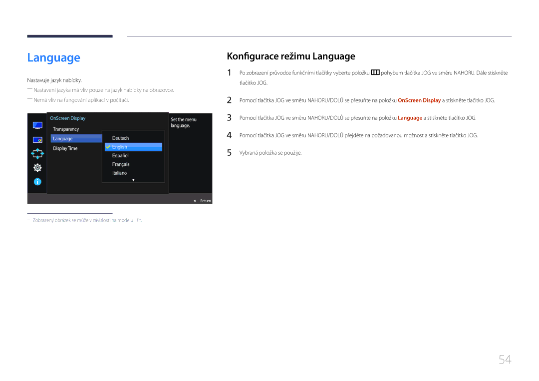 Samsung LS29E790CNS/EN manual Konfigurace režimu Language, Nastavuje jazyk nabídky 