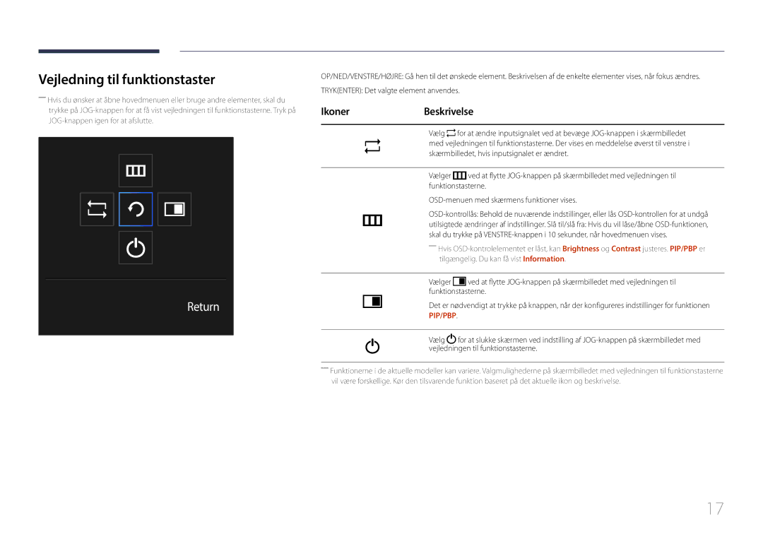 Samsung LS29E790CNS/EN manual Vejledning til funktionstaster, Trykenter Det valgte element anvendes 