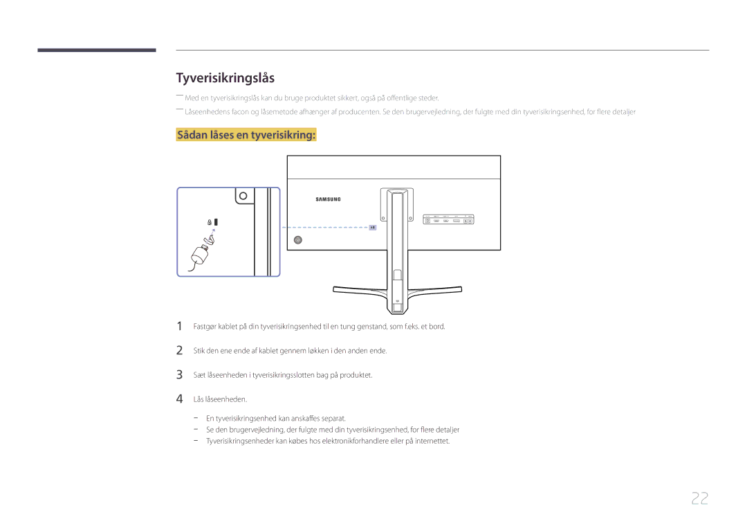 Samsung LS29E790CNS/EN manual Tyverisikringslås, Sådan låses en tyverisikring 