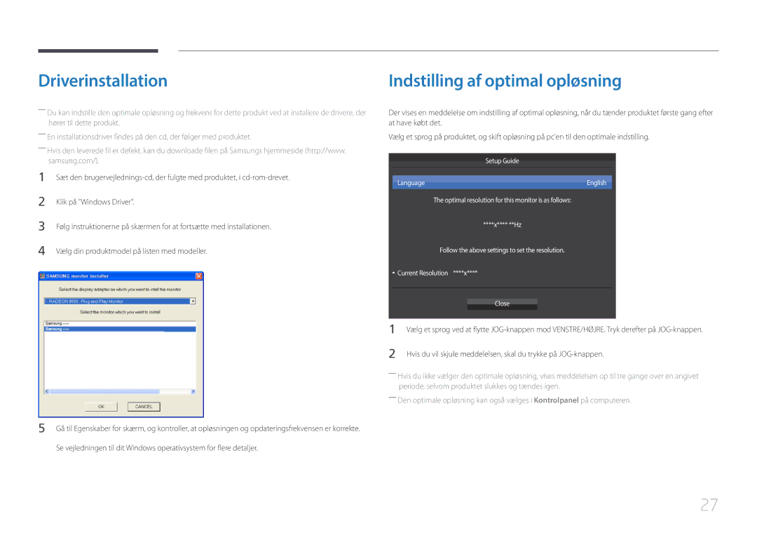 Samsung LS29E790CNS/EN manual Driverinstallation, Indstilling af optimal opløsning, Klik på Windows Driver 