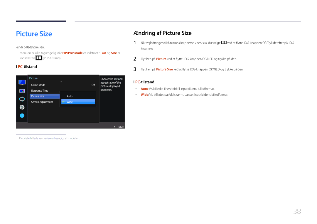 Samsung LS29E790CNS/EN manual Ændring af Picture Size, Ændr billedstørrelsen, Off picture displayed on screen Auto Wide 