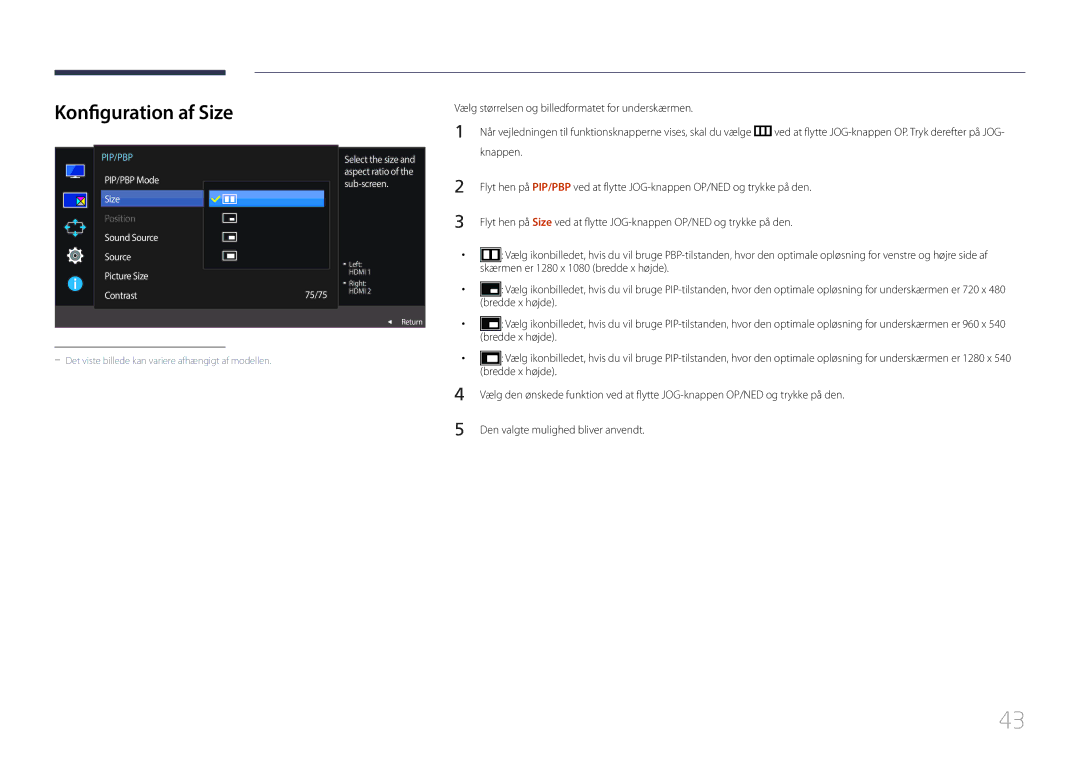 Samsung LS29E790CNS/EN Konfiguration af Size, Skærmen er 1280 x 1080 bredde x højde, Bredde x højde, PIP/PBP Mode Size 