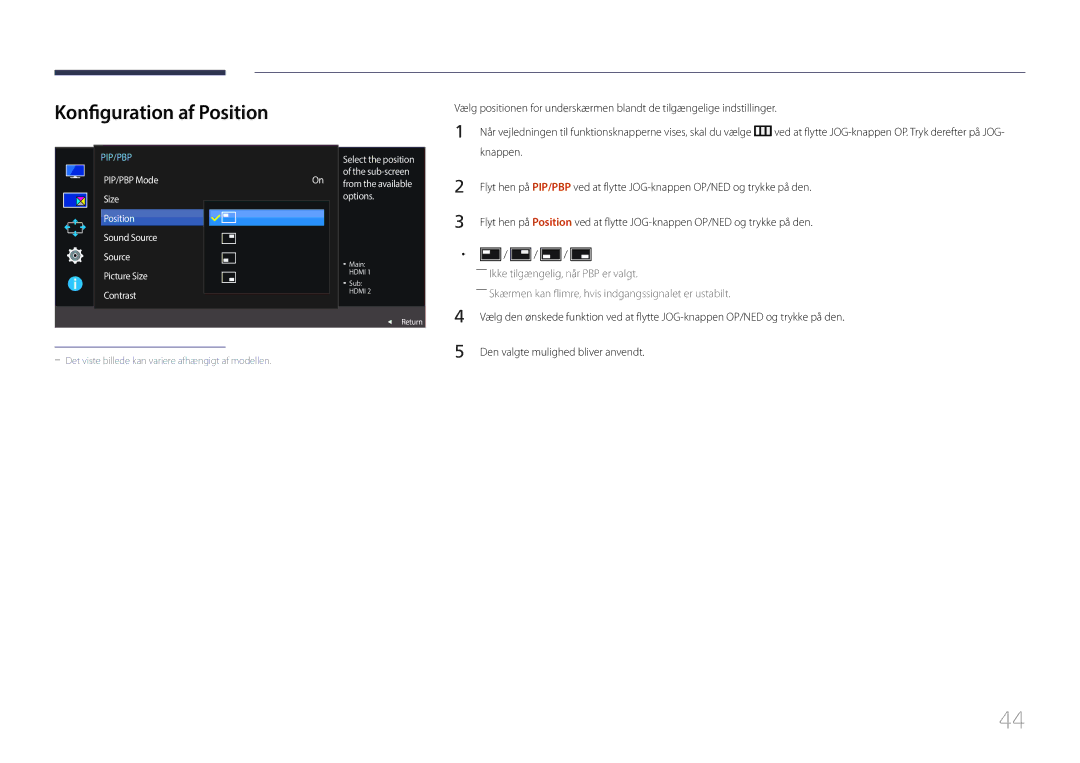 Samsung LS29E790CNS/EN manual Konfiguration af Position, ――Ikke tilgængelig, når PBP er valgt 