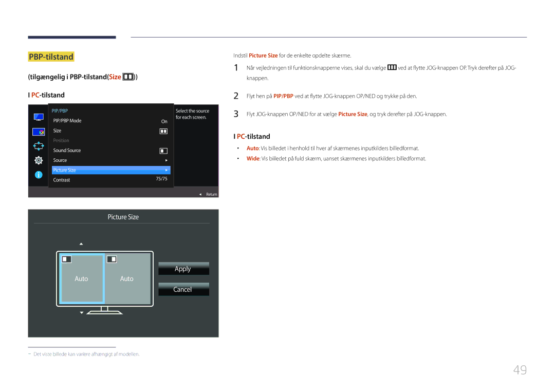 Samsung LS29E790CNS/EN manual Picture Size Apply Auto Auto Cancel, Indstil Picture Size for de enkelte opdelte skærme 