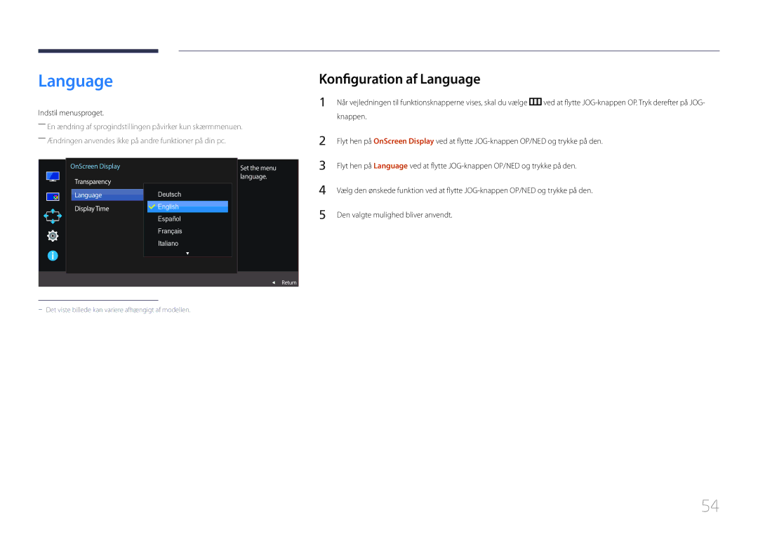 Samsung LS29E790CNS/EN manual Konfiguration af Language, Indstil menusproget, Transparency Language Display Time 