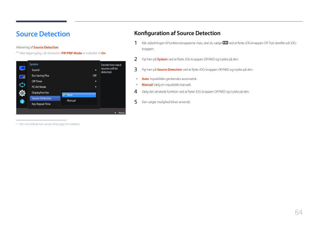 Samsung LS29E790CNS/EN manual Konfiguration af Source Detection, Aktivering af Source Detection 