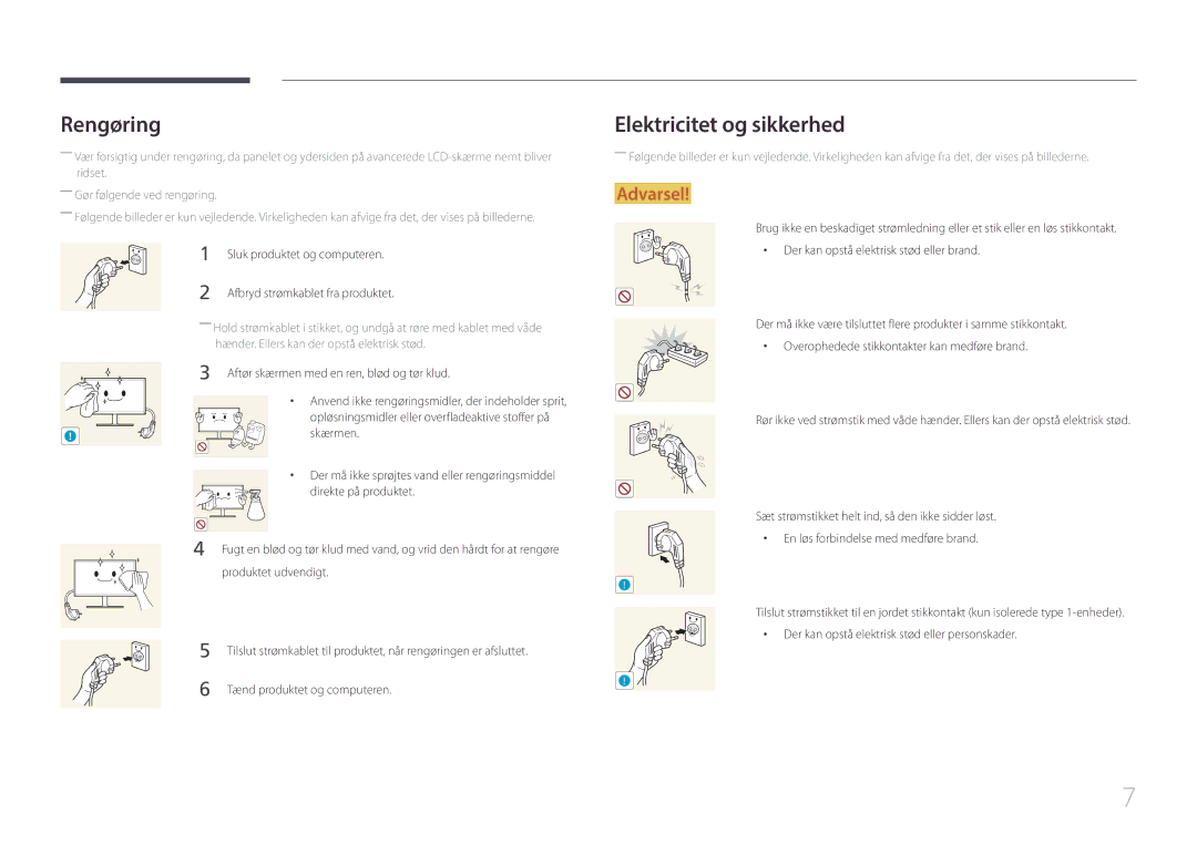 Samsung LS29E790CNS/EN manual Rengøring, Elektricitet og sikkerhed 