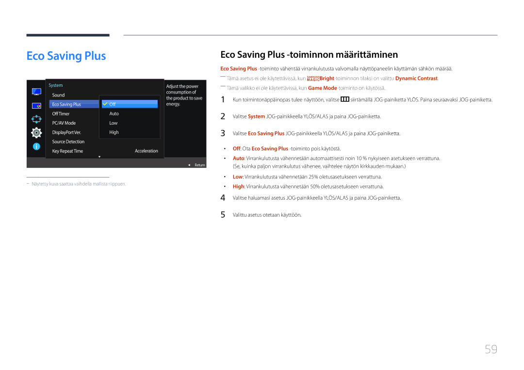 Samsung LS29E790CNS/EN manual Eco Saving Plus -toiminnon määrittäminen, Off Ota Eco Saving Plus -toiminto pois käytöstä 