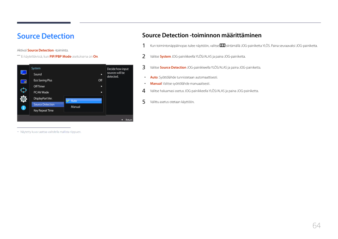 Samsung LS29E790CNS/EN manual Source Detection -toiminnon määrittäminen, Aktivoi Source Detection -toiminto 