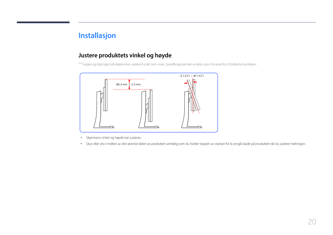 Samsung LS29E790CNS/EN manual Installasjon, Justere produktets vinkel og høyde, Skjermens vinkel og høyde kan justeres 