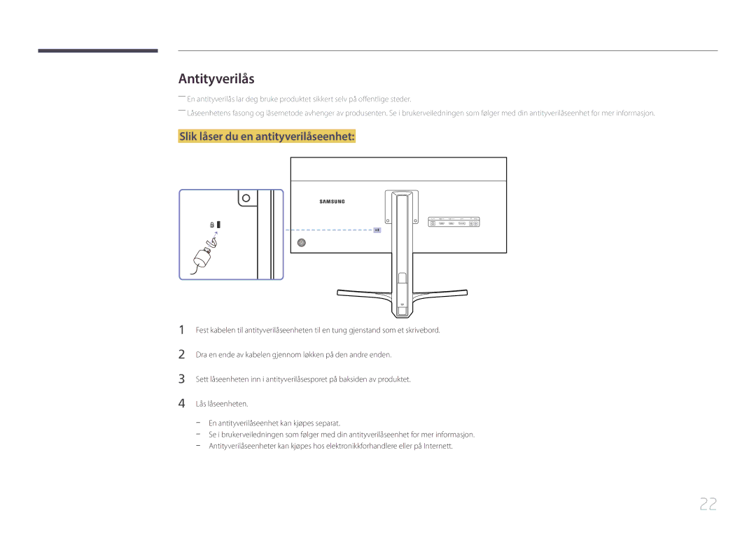 Samsung LS29E790CNS/EN manual Antityverilås, Slik låser du en antityverilåseenhet 