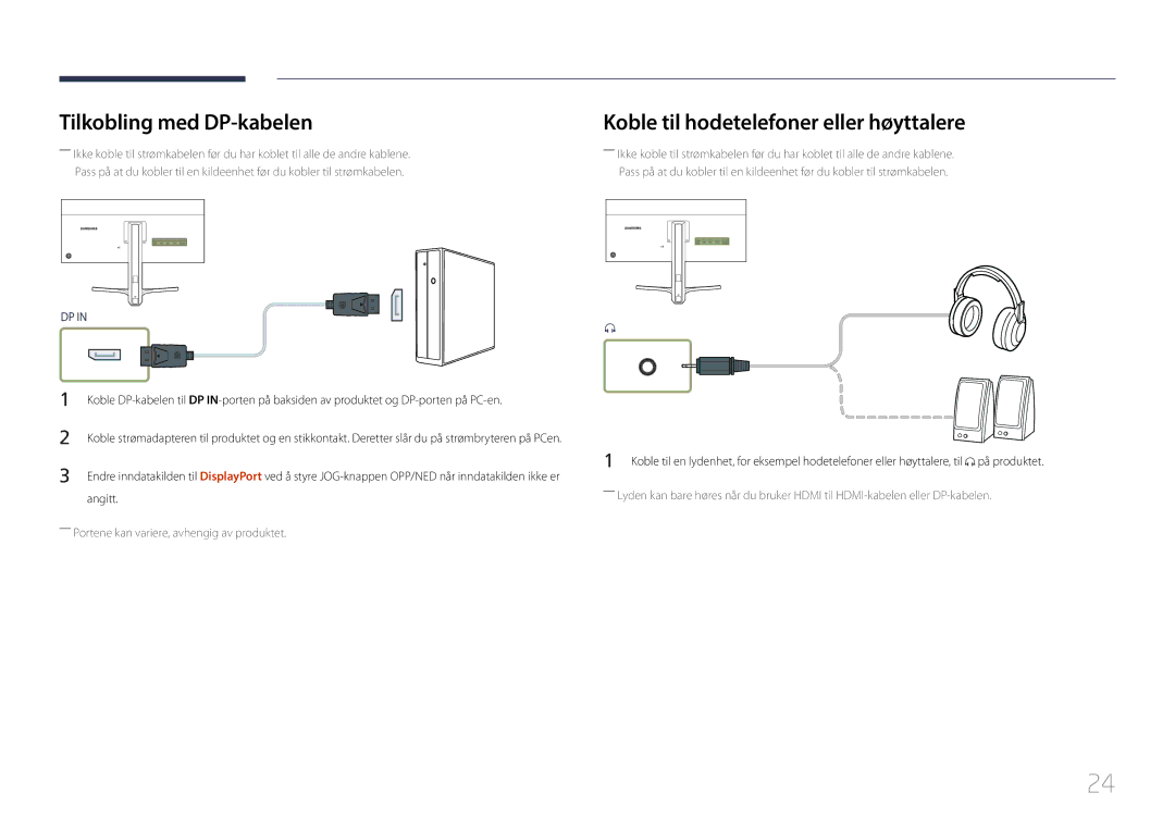 Samsung LS29E790CNS/EN manual Tilkobling med DP-kabelen, Koble til hodetelefoner eller høyttalere, Angitt 