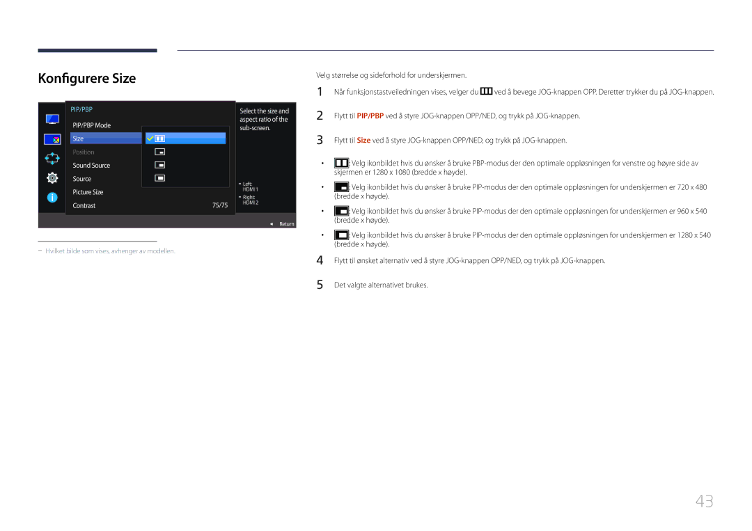 Samsung LS29E790CNS/EN manual Konfigurere Size, Velg størrelse og sideforhold for underskjermen, Bredde x høyde 