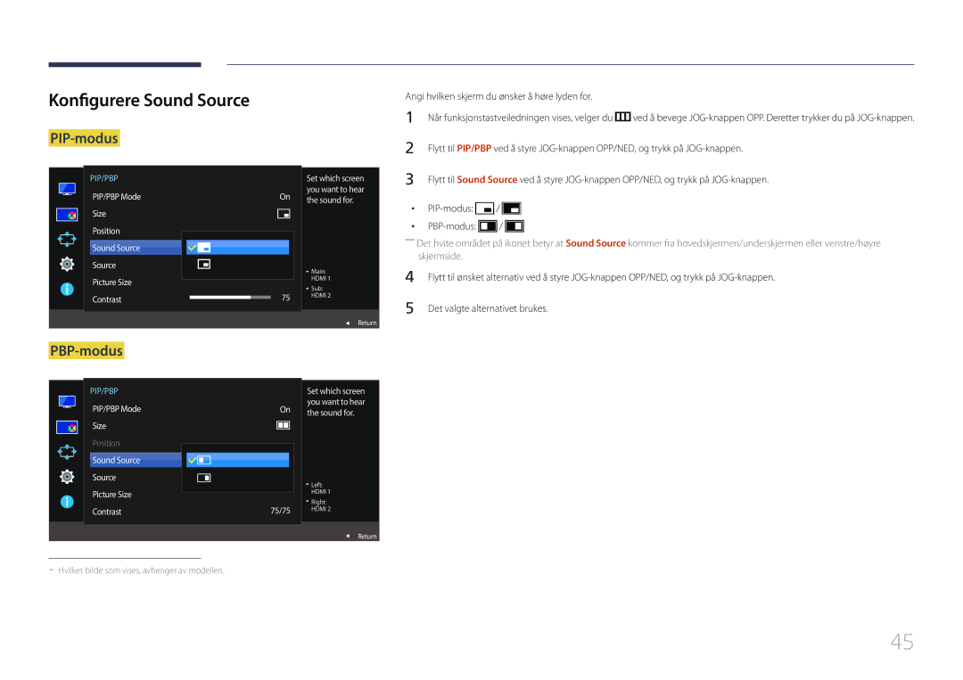 Samsung LS29E790CNS/EN manual Konfigurere Sound Source, Angi hvilken skjerm du ønsker å høre lyden for 