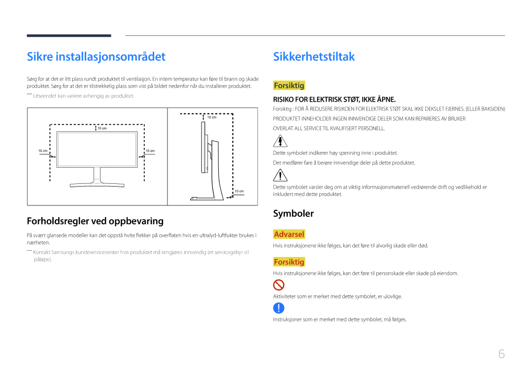 Samsung LS29E790CNS/EN manual Sikre installasjonsområdet, Sikkerhetstiltak, Forholdsregler ved oppbevaring, Symboler 