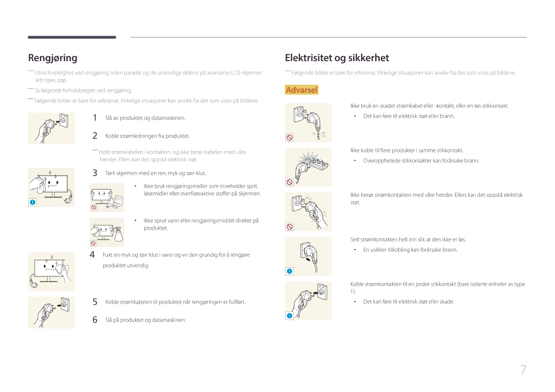 Samsung LS29E790CNS/EN manual Rengjøring, Elektrisitet og sikkerhet 