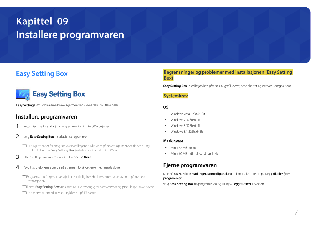 Samsung LS29E790CNS/EN manual Installere programvaren, Easy Setting Box, Fjerne programvaren 