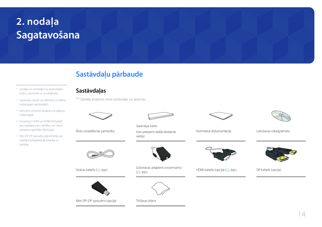 Samsung LS29E790CNS/EN manual Sagatavošana, Sastāvdaļu pārbaude, Sastāvdaļas, Garantijas karte Ātrās uzstādīšanas pamācība 