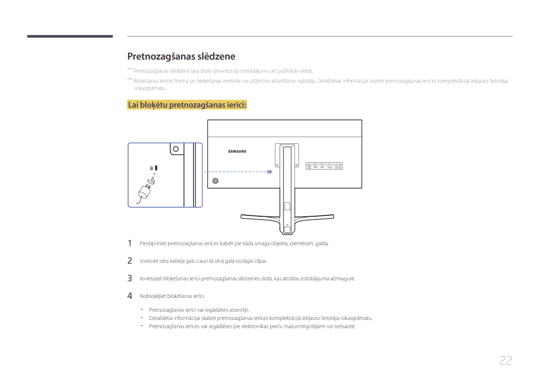 Samsung LS29E790CNS/EN manual Pretnozagšanas slēdzene, Lai bloķētu pretnozagšanas ierīci 