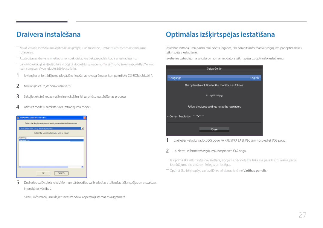 Samsung LS29E790CNS/EN manual Draivera instalēšana, Optimālas izšķirtspējas iestatīšana 