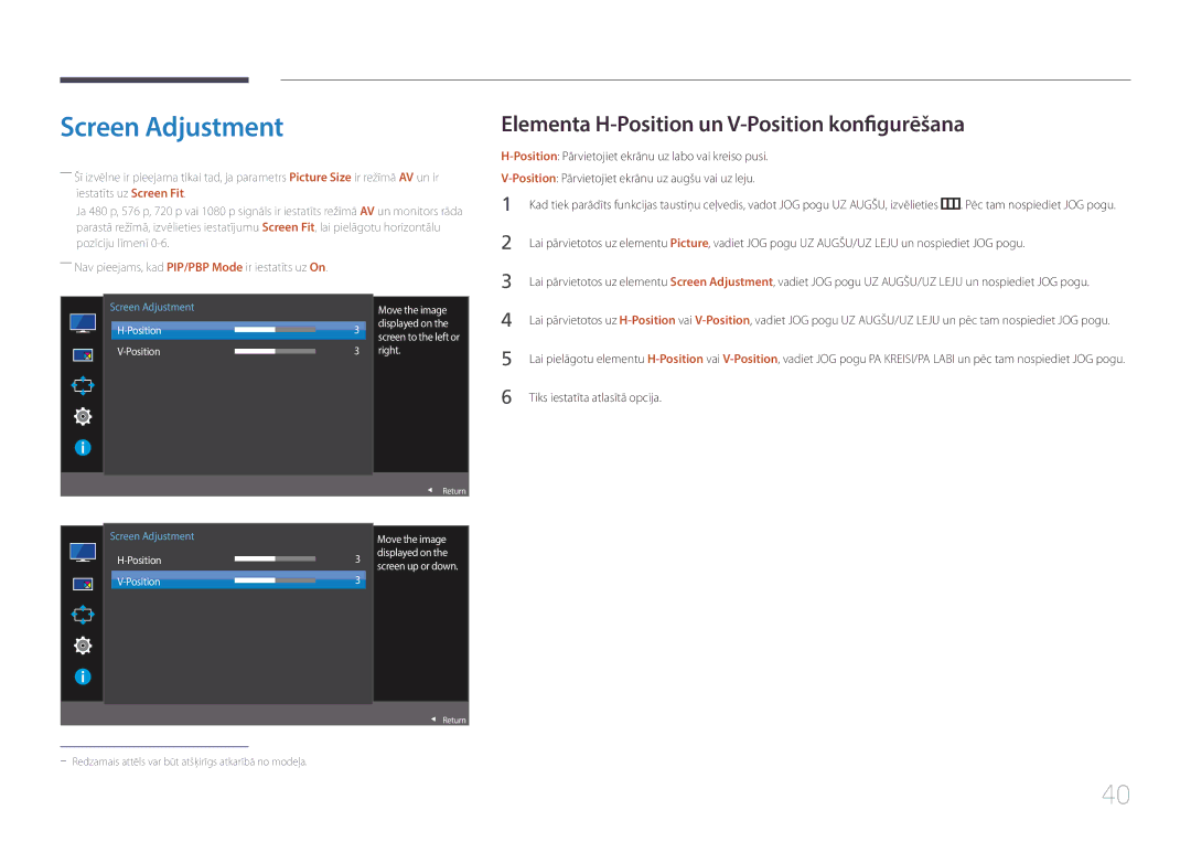 Samsung LS29E790CNS/EN manual Screen Adjustment, Elementa H-Position un V-Position konfigurēšana 