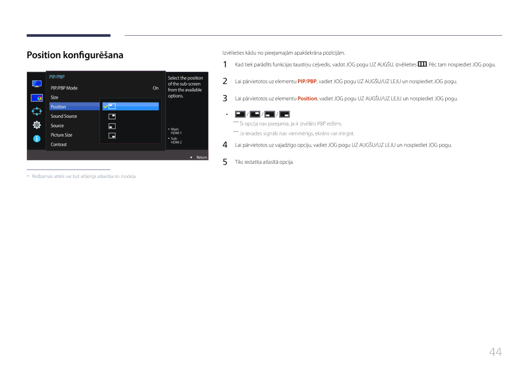 Samsung LS29E790CNS/EN manual Position konfigurēšana, Izvēlieties kādu no pieejamajām apakšekrāna pozīcijām 