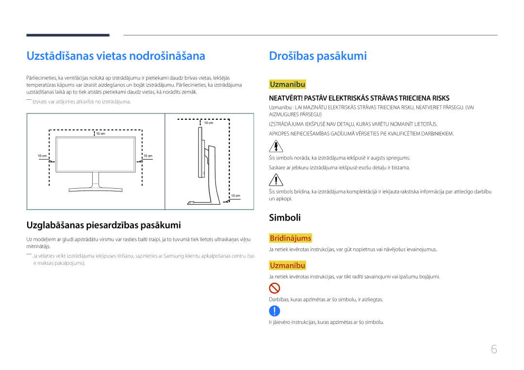 Samsung LS29E790CNS/EN manual Drošības pasākumi, Uzglabāšanas piesardzības pasākumi, Simboli 