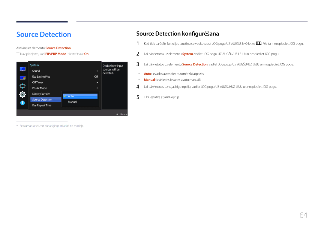 Samsung LS29E790CNS/EN manual Source Detection konfigurēšana, Aktivizējiet elementu Source Detection 