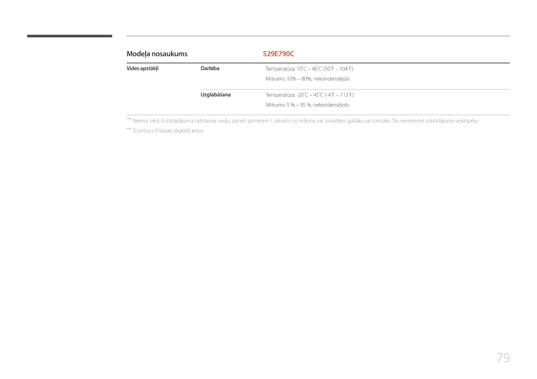 Samsung LS29E790CNS/EN manual Vides apstākļi Darbība, Uzglabāšana 