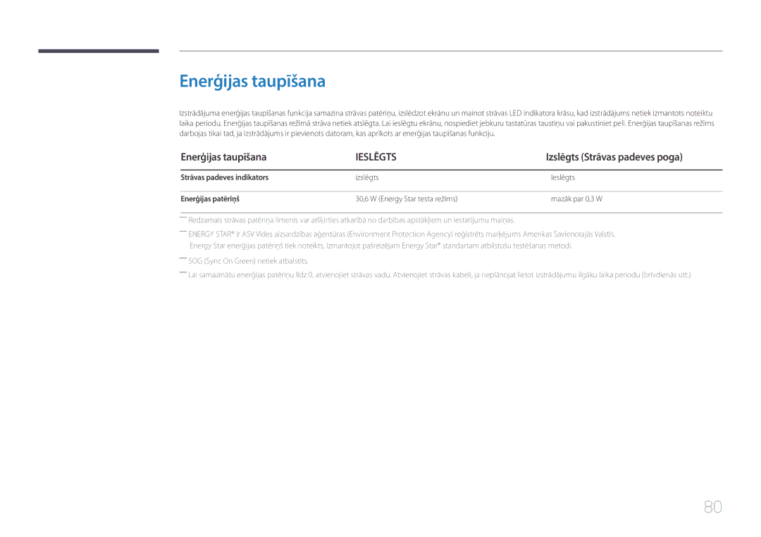 Samsung LS29E790CNS/EN manual Enerģijas taupīšana, Strāvas padeves indikators, Izslēgts Ieslēgts, Enerģijas patēriņš 