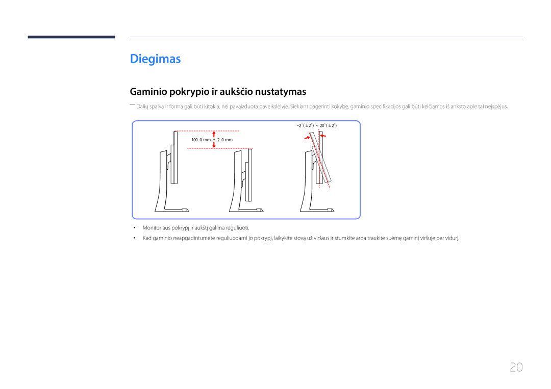 Samsung LS29E790CNS/EN manual Diegimas, Gaminio pokrypio ir aukščio nustatymas 