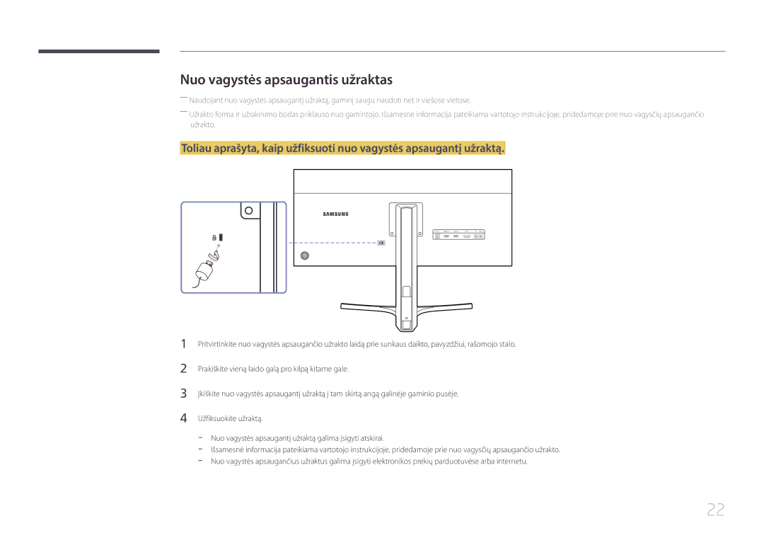 Samsung LS29E790CNS/EN manual Nuo vagystės apsaugantis užraktas 