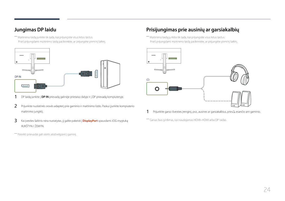 Samsung LS29E790CNS/EN manual Jungimas DP laidu, Prisijungimas prie ausinių ar garsiakalbių, Maitinimo jungiklį 