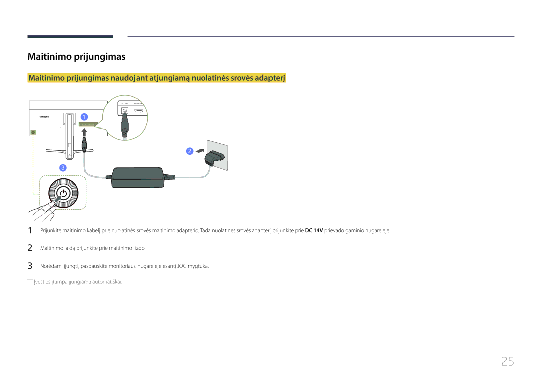 Samsung LS29E790CNS/EN manual Maitinimo prijungimas, Maitinimo laidą prijunkite prie maitinimo lizdo 