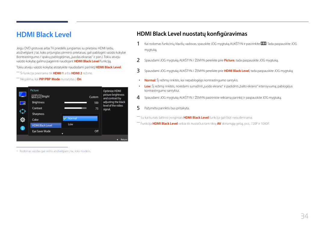 Samsung LS29E790CNS/EN manual Hdmi Black Level nuostatų konfigūravimas 