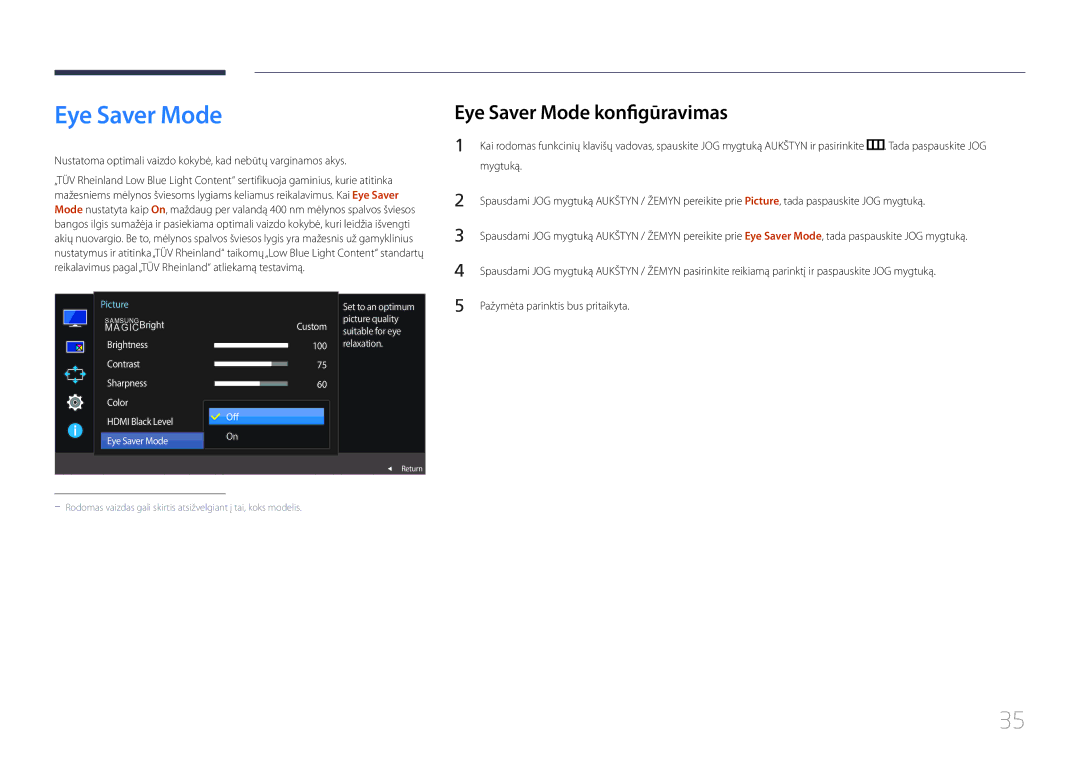 Samsung LS29E790CNS/EN manual Eye Saver Mode konfigūravimas, Custom suitable for eye 100 relaxation Off On해제 