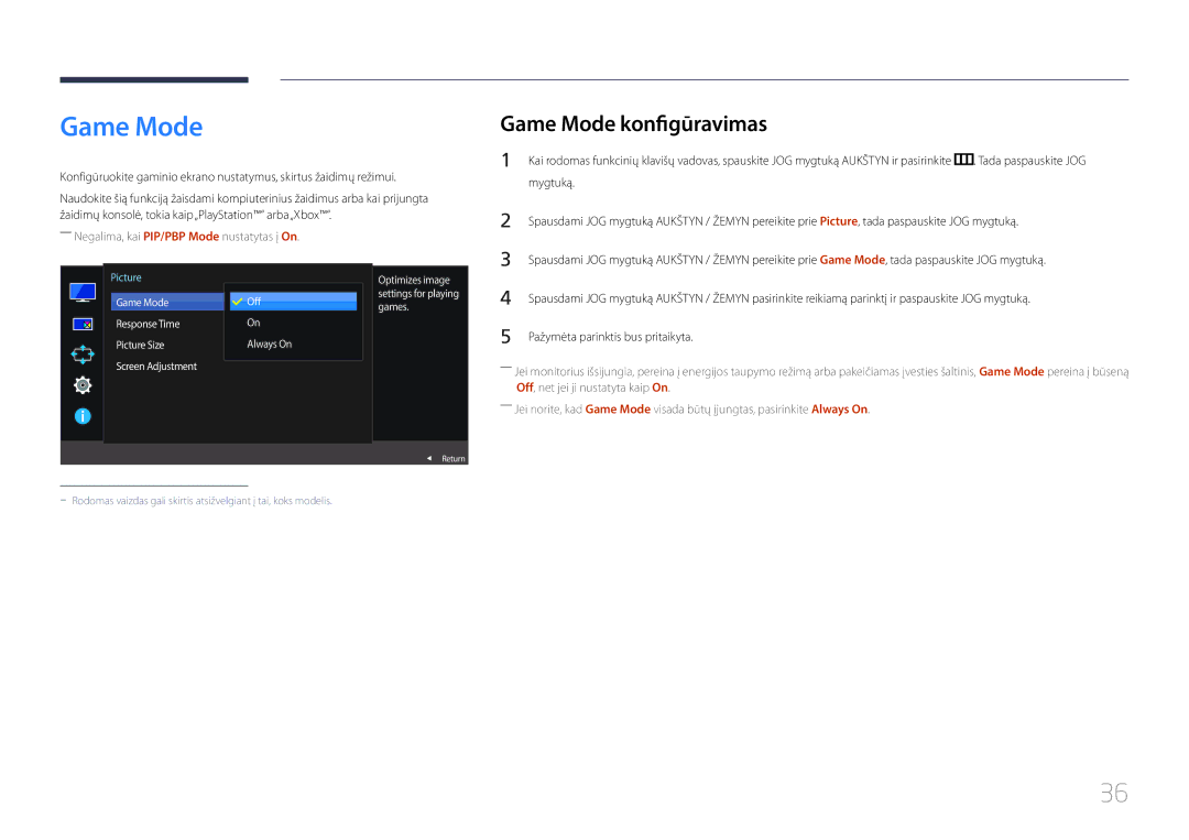 Samsung LS29E790CNS/EN manual Game Mode konfigūravimas 