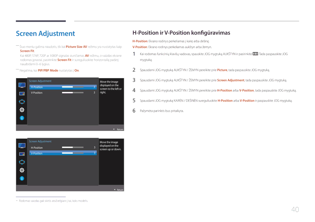 Samsung LS29E790CNS/EN manual Screen Adjustment, Position ir V-Position konfigūravimas 