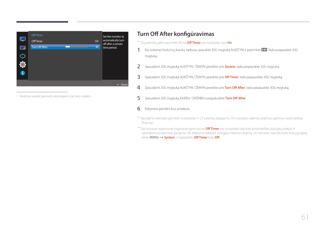 Samsung LS29E790CNS/EN manual Turn Off After konfigūravimas, Set the monitor to 