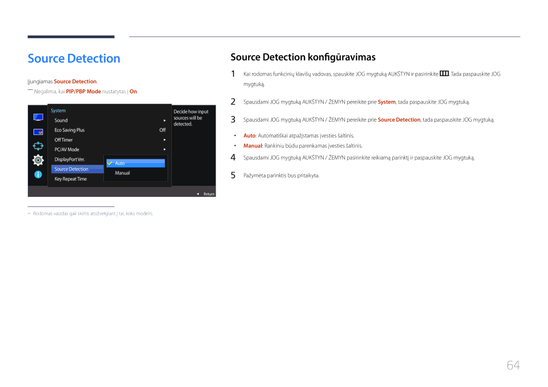 Samsung LS29E790CNS/EN manual Source Detection konfigūravimas, Auto Automatiškai atpažįstamas įvesties šaltinis 