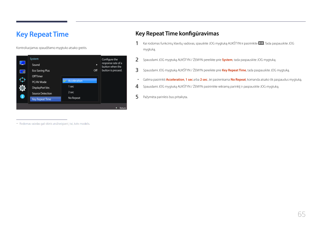 Samsung LS29E790CNS/EN manual Key Repeat Time konfigūravimas, Kontroliuojamas spaudžiamo mygtuko atsako greitis 