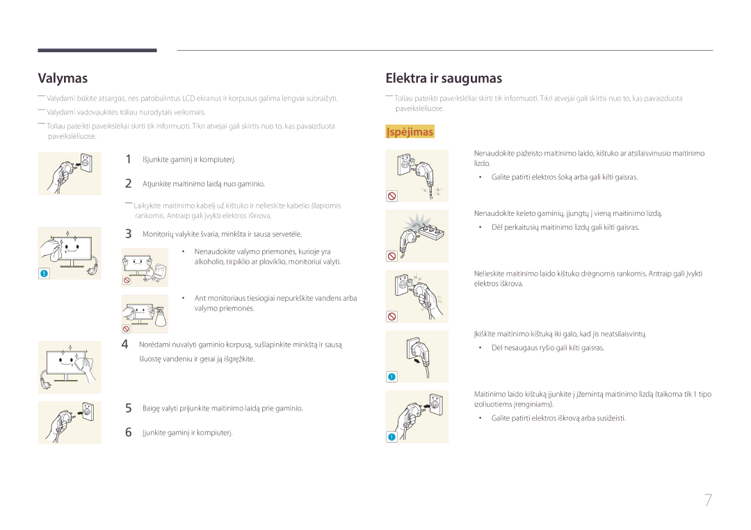 Samsung LS29E790CNS/EN manual Valymas, Elektra ir saugumas, Išjunkite gaminį ir kompiuterį 