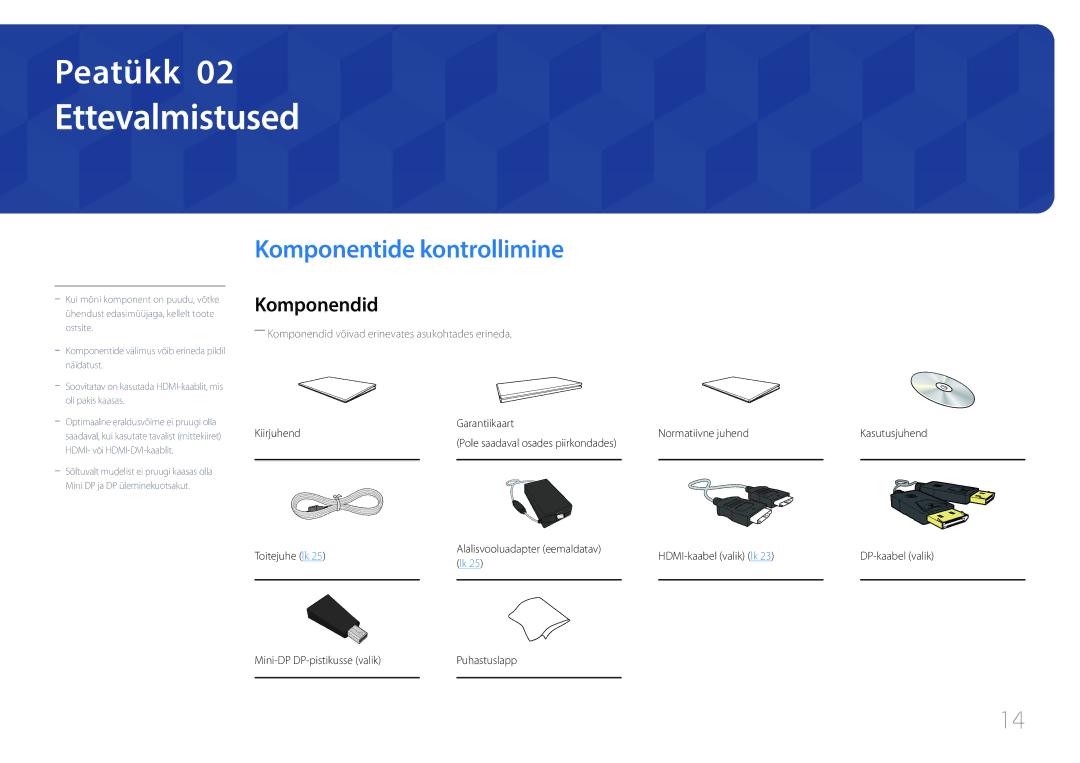 Samsung LS29E790CNS/EN manual Ettevalmistused, Komponentide kontrollimine, Komponendid 