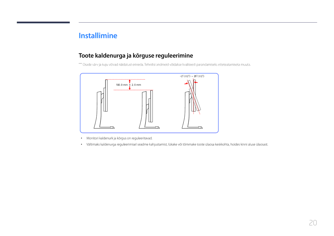 Samsung LS29E790CNS/EN manual Installimine, Toote kaldenurga ja kõrguse reguleerimine 