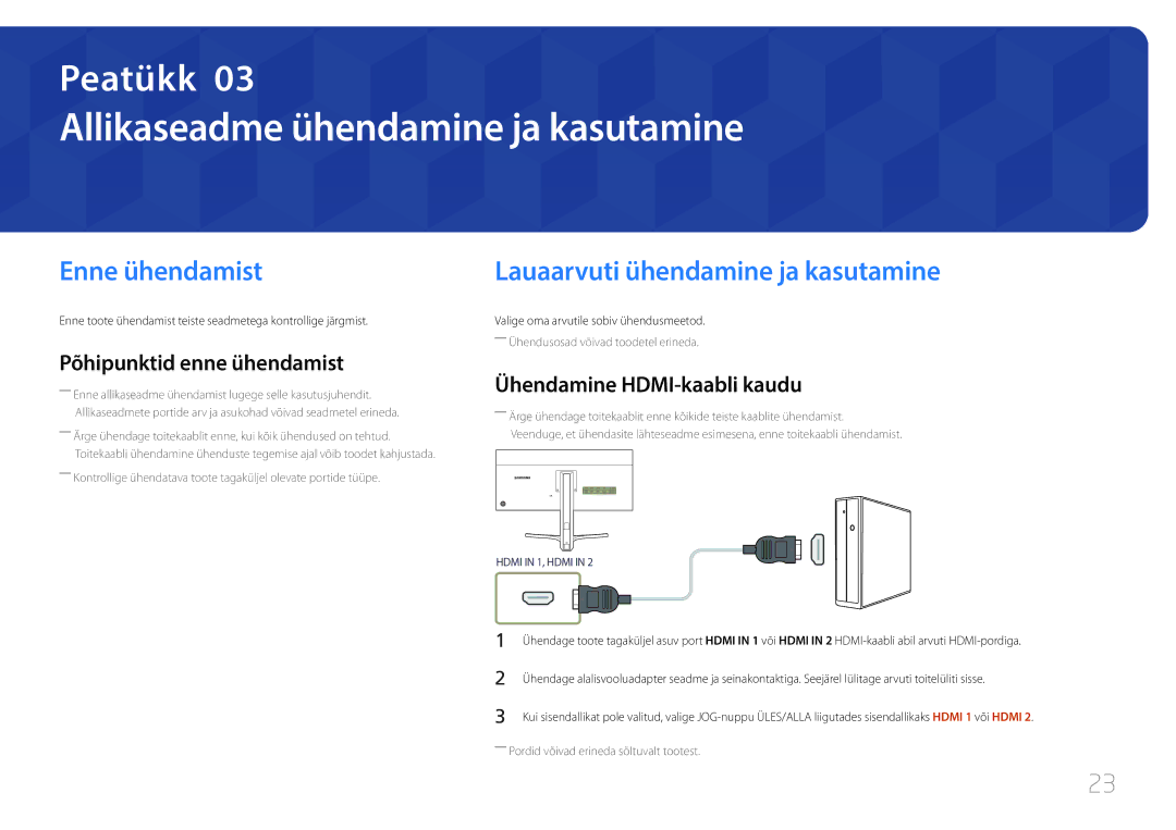 Samsung LS29E790CNS/EN manual Allikaseadme ühendamine ja kasutamine, Enne ühendamist, Lauaarvuti ühendamine ja kasutamine 