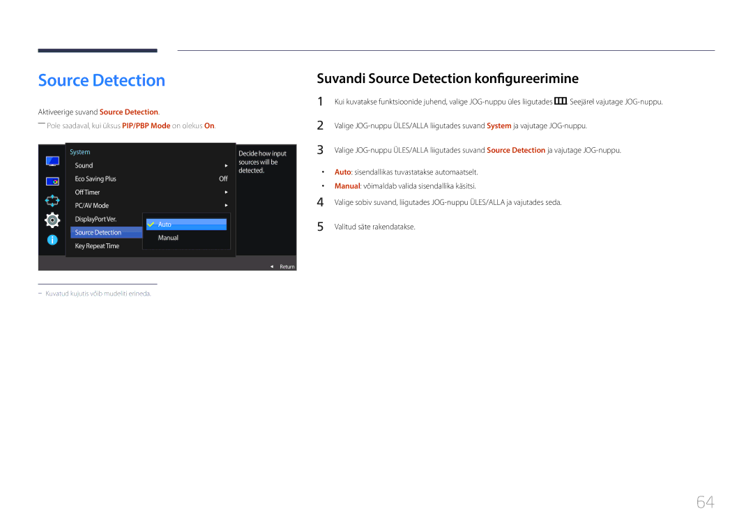 Samsung LS29E790CNS/EN manual Suvandi Source Detection konfigureerimine, Aktiveerige suvand Source Detection 