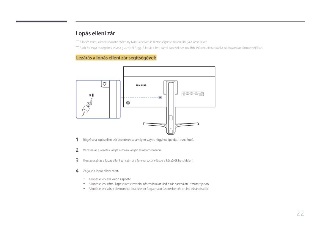 Samsung LS29E790CNS/EN manual Lopás elleni zár, Lezárás a lopás elleni zár segítségével 