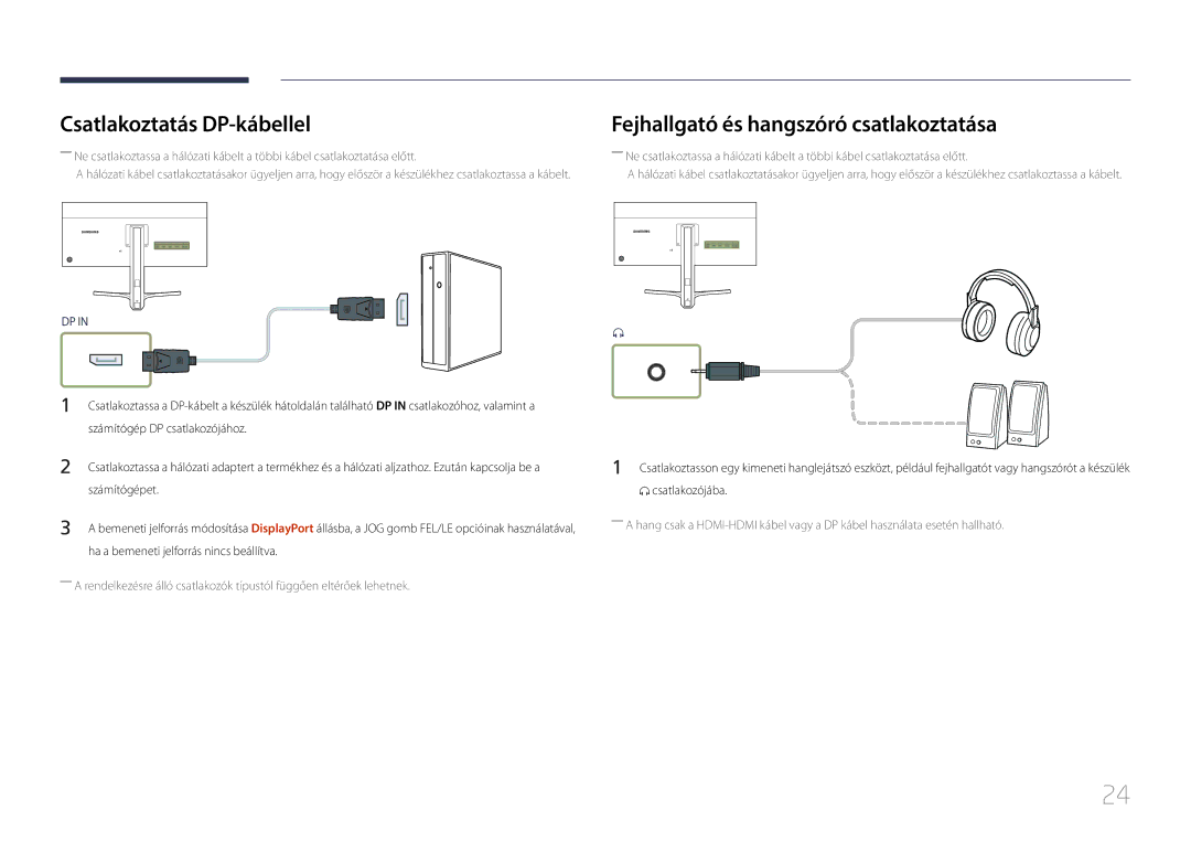 Samsung LS29E790CNS/EN Csatlakoztatás DP-kábellel, Fejhallgató és hangszóró csatlakoztatása, Számítógépet Csatlakozójába 