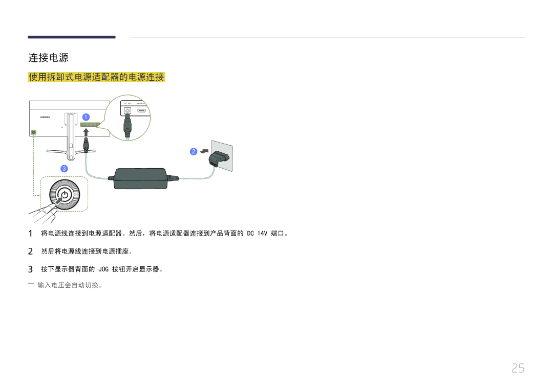 Samsung LS29E790CNS/EN manual 连接电源, 使用拆卸式电源适配器的电源连接 