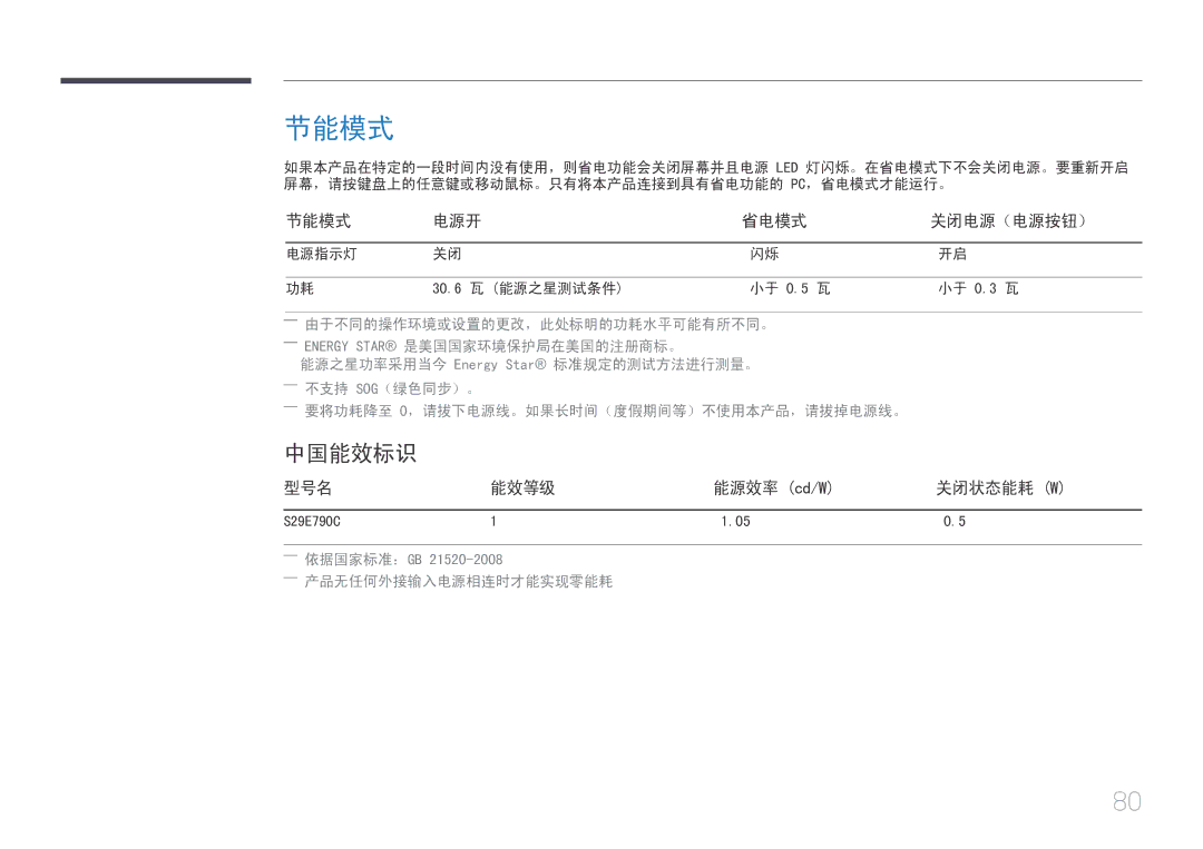 Samsung LS29E790CNS/EN manual 节能模式, 中国能效标识 